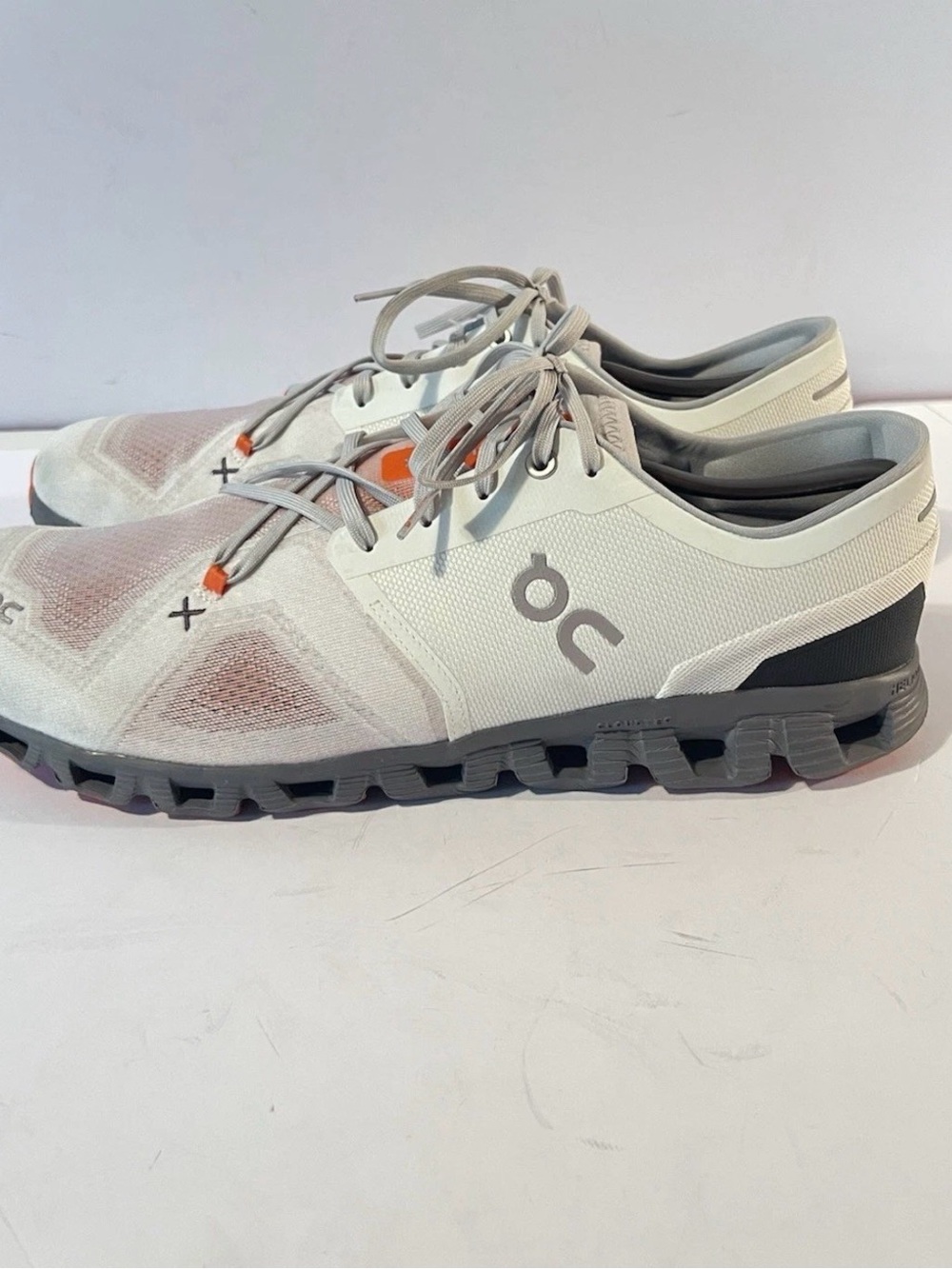 On Running Men’s Cloud Sneakers — White, Gray & Orange Accent